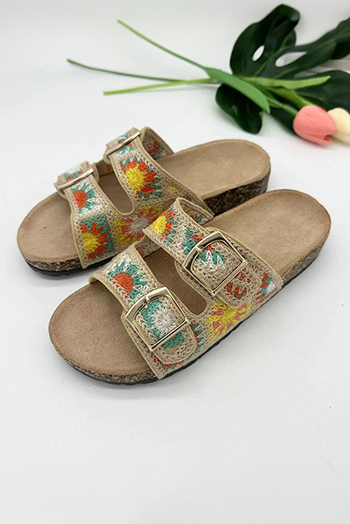 Beige Woven Sunflower Buckle Strap Slippers