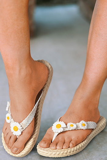 White Daisy Decor Braided Detail Flip Flops