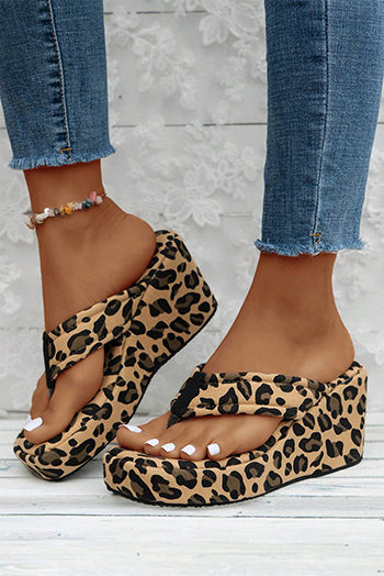 Light French Beige Leopard Platform Wedge Flip Flops