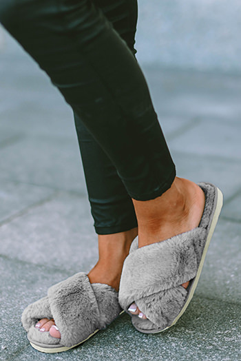 Gray Crossed Straps Winter Furry Slippers