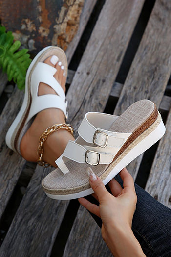 White Buckled Straps Slip-on Wedge Slippers