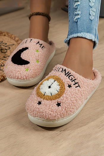 Light Pink Moon and Clock Pattern Fuzzy Home Slippers