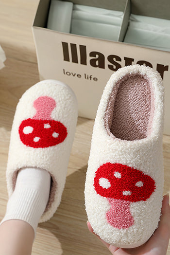 White Cute Cartoon Mushroom Graphic Fuzzy Winter Slippers