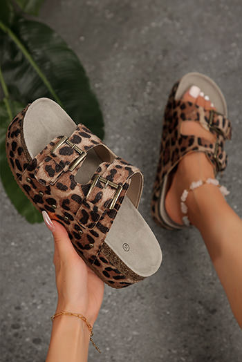 Chestnut Leopard Suede Dual Buckle Strap Platform Slippers