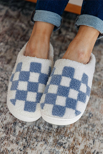 Light Blue Checkered Print Fuzzy Slip On Winter Slippers