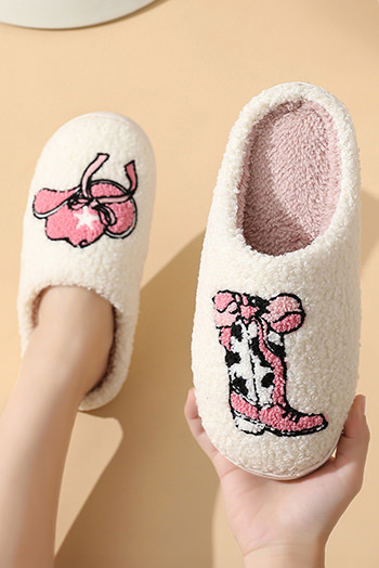 White Cowgirl Hat and Boot Printed Plush Thermal Home Slippers