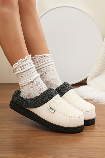 White Color Block Plush Lined Winter Slippers