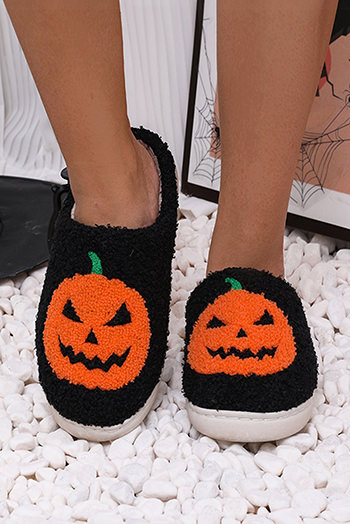 Black Halloween Pumpkin Print Plush Slippers