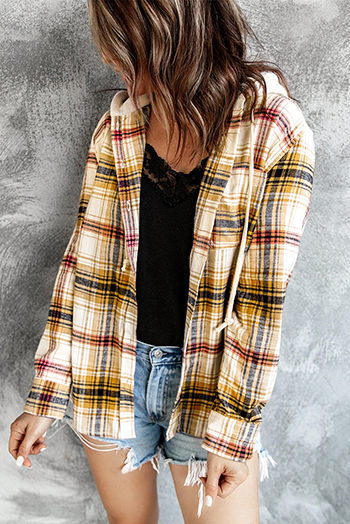 Multicolor Plaid Print Pocket Drawstring Hooded Jacket