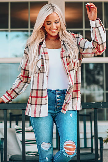 Khaki Plaid Print Buttoned Shirt Coat with Pocket