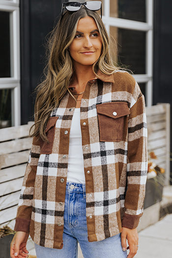 Brown Pocketed Buttoned Plaid Shirt Jacket