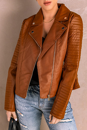 Brown Ribbed Seam Detail Faux Leather Zipped Motorcycle Jacket