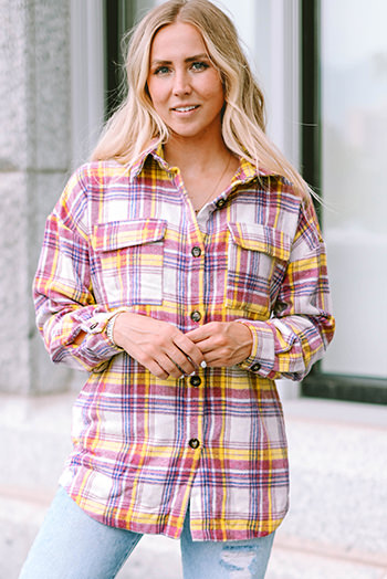 Red Plaid Print Rounded Hem Shirt Jacket