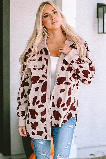 Khaki Cow Spots Printed Corduroy Shacket