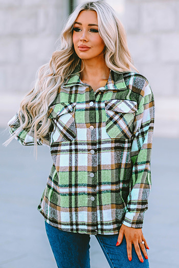 Green Geometric Plaid Print Pocketed Shacket