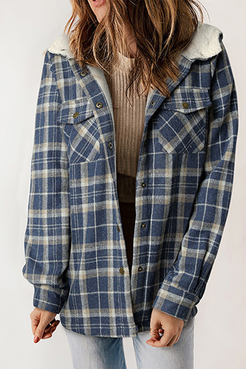 Blue Plaid Pattern Sherpa Lined Hooded Shacket