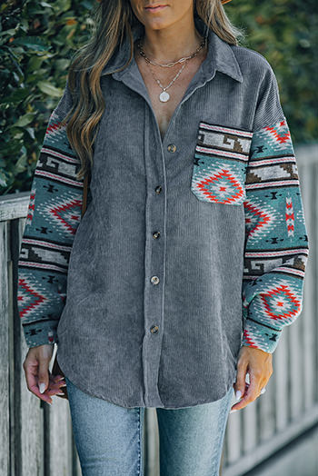 Gray Aztec Pattern Sleeve Pocketed Corduroy Shacket