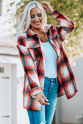 Fiery Red Turn down Neck Plaid Pocket Button Closure Coat