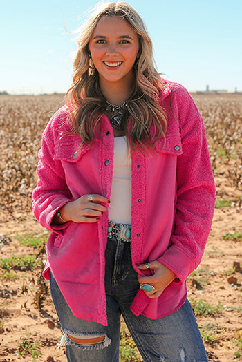 Bright Pink Faux Suede Sherpa Patchwork Button-up Shacket