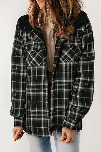 Black Plaid Pattern Sherpa Lined Hooded Shacket