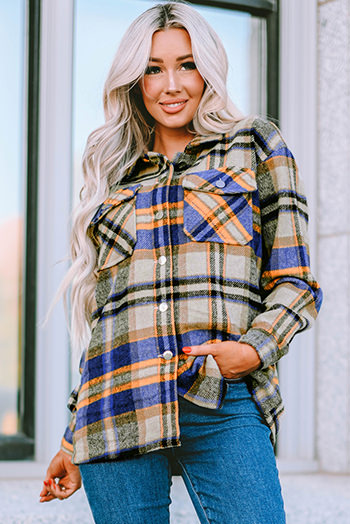 Blue Geometric Plaid Print Pocketed Shacket