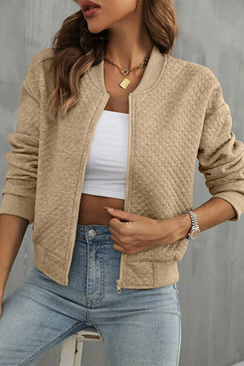 Pale Khaki Solid Geometric Textured Baseball Collar Jacket