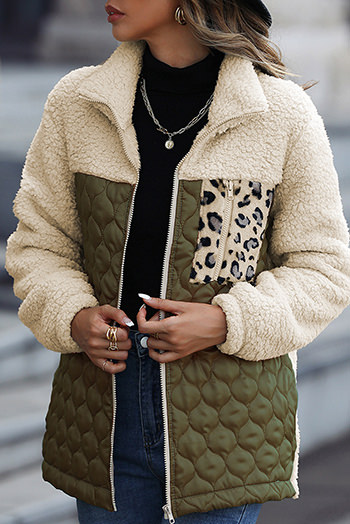 Moss Green Sherpa Quilted Leopard Patchwork Stand Neck Zip Up Jacket