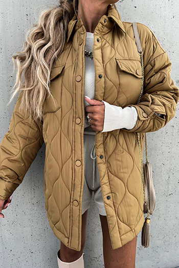 Tan Quilted Flap Pockets Snap Buttoned Puffer Jacket