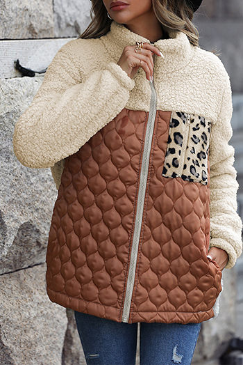 Chestnut Sherpa Quilted Leopard Patchwork Stand Neck Zip Up Jacket