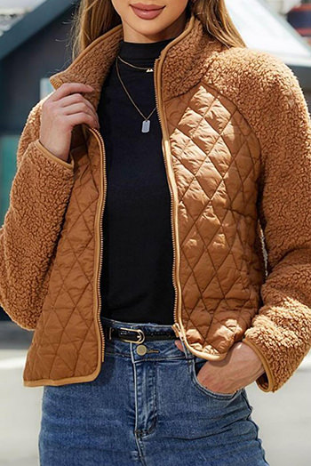 Chestnut Sherpa Plush Quilted Puffer Patchwork Zipped Jacket