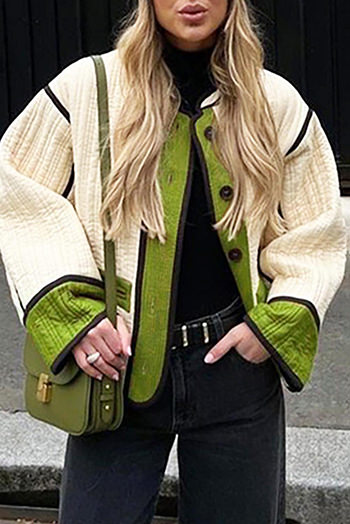 Fern Green Quilted Colorblock Button Up Puffer Jacket