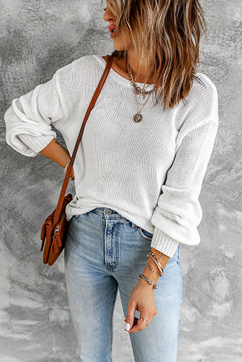 White Drop Shoulder Back Cut-Out Sweater with Tie