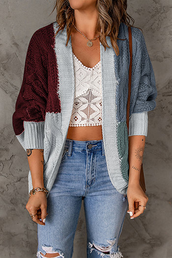 Red Color Block Loose Open Front Knitted Cardigan