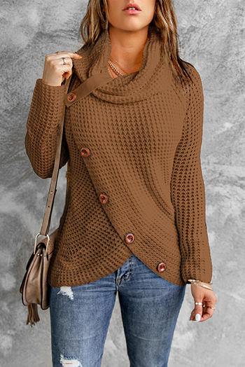 Khaki Buttoned Wrap Turtleneck Sweater