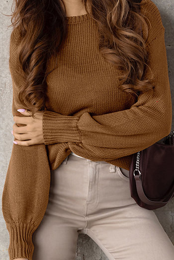 Brown Drop Shoulder Back Cut-Out Sweater with Tie