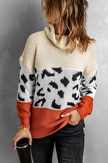 Apricot Turtleneck Splicing Chunky Knit Pullover Sweater