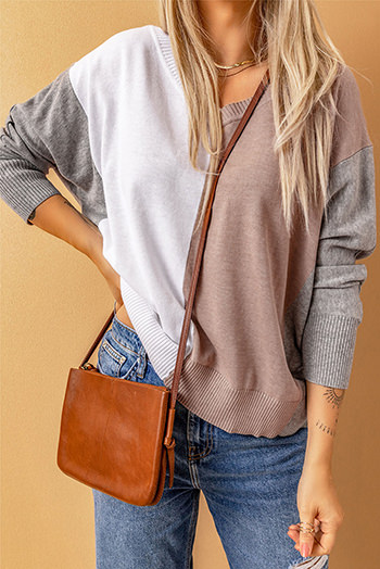 Apricot V Neck Color Block Loose Sweater