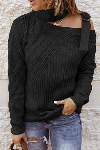 Black Strapped Cut out Shoulder Turtleneck Sweater