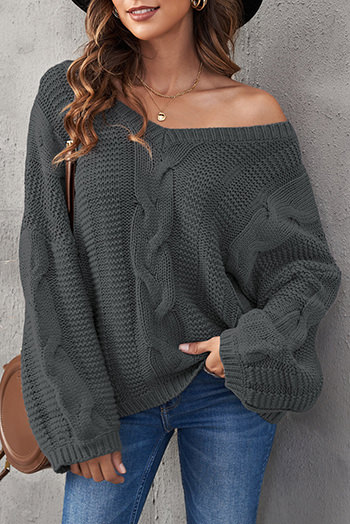 Dark Gray Bubblegum V Neck Braided Knit Sweater