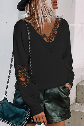 Black Hollowed Lace Splicing V Neck Loose Sweater