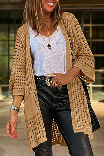 Camel Pointelle Knit Pocket Open Front Cardigan