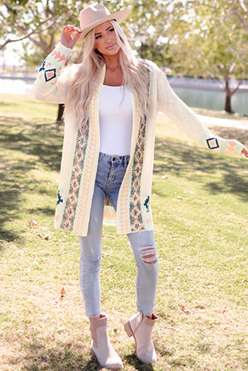 Apricot Aztec Print Open Front Cardigan