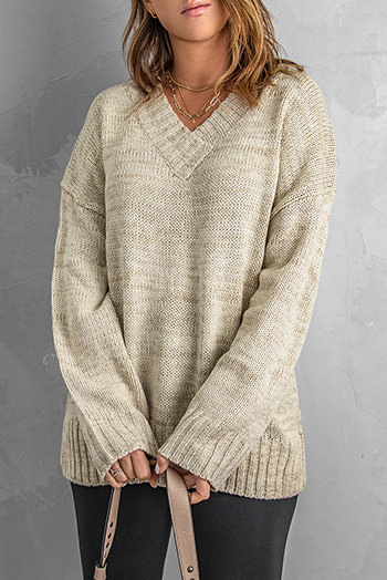 Khaki V neck Drop Shoulder Knitted Sweater