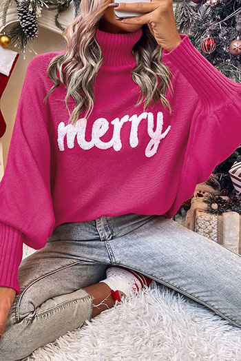 Rose Merry Letter Embroidered High Neck Sweater