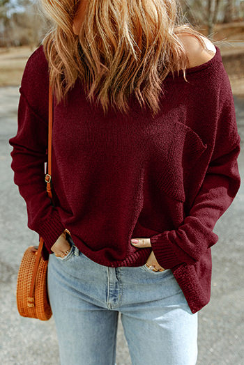 Burgundy Solid Color Off Shoulder Rib Knit Sweater with Pocket