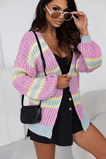 Pink Contrast Striped Open Front Cable Cardigan