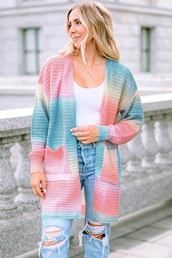 Green Gradient Knit Open Cardigan with Pockets