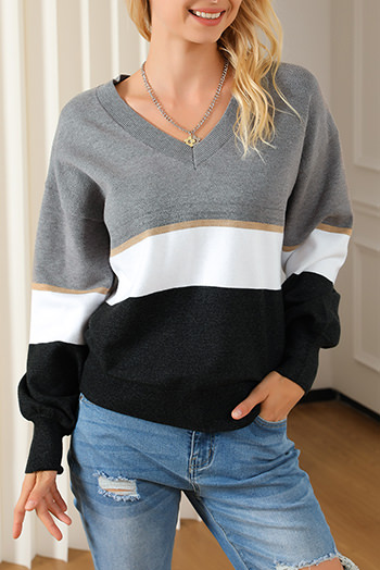 Gray Colorblock V Neck Sweater