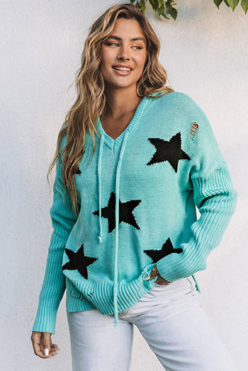 Green V Neck Star Pattern Hooded Sweater with Slits