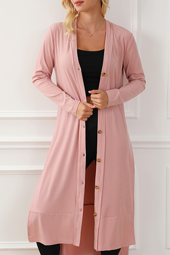 Pink Ribbed Button-Up Split Duster Cardigan